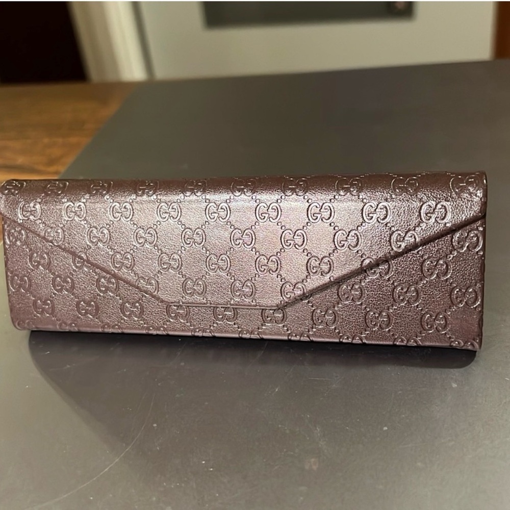 Gucci Brown Leather Triangle Folding Eyeglass and Low Profile Sunglasses Case